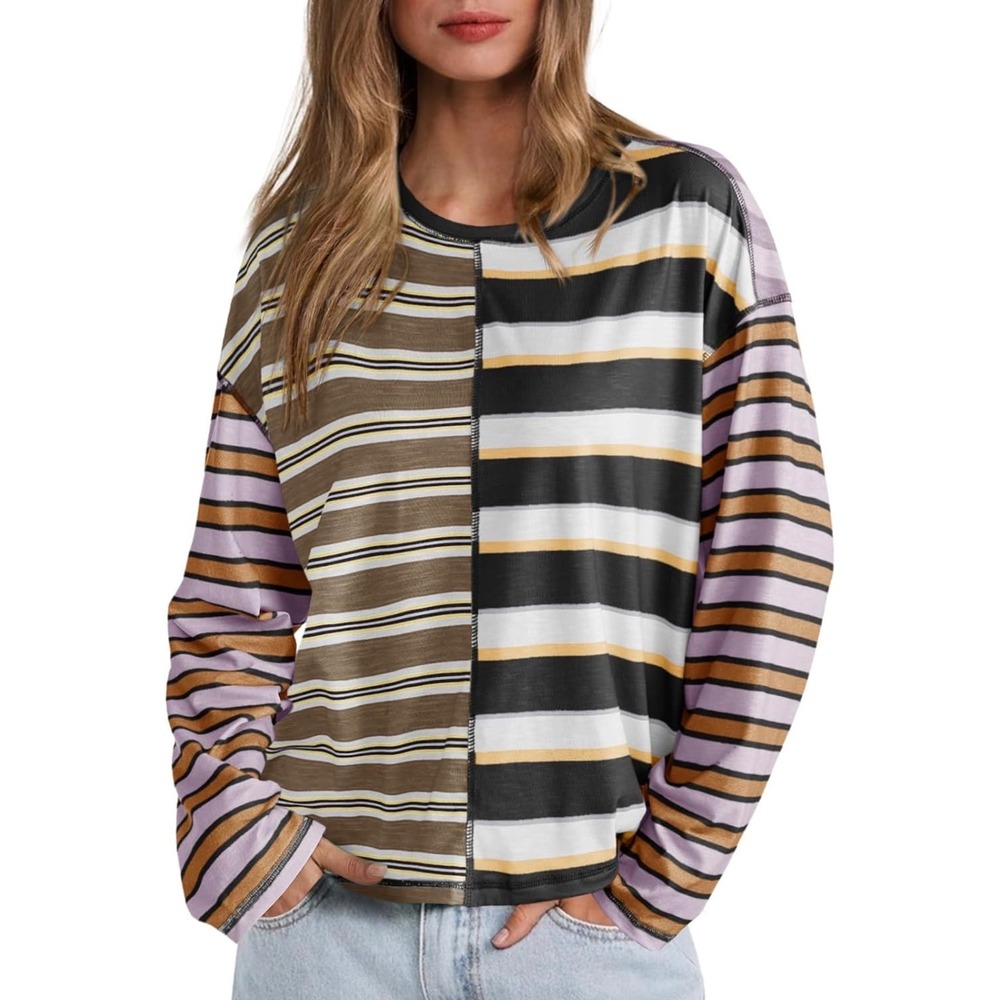 Tankaneo Womens Oversized Striped Shirt Color Block Crew Neck Sweatshirt Small
